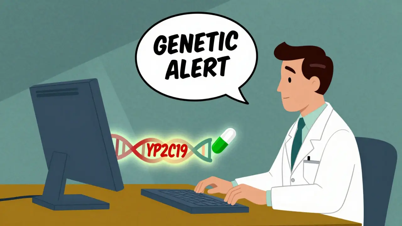 Doctor sees a genetic alert pop-up on screen while prescribing medication, with a glowing DNA variant nearby.