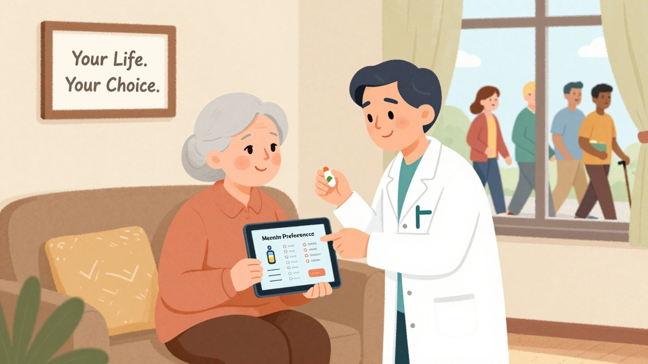 Elderly woman and pharmacist reviewing medication costs and preferences together at home.