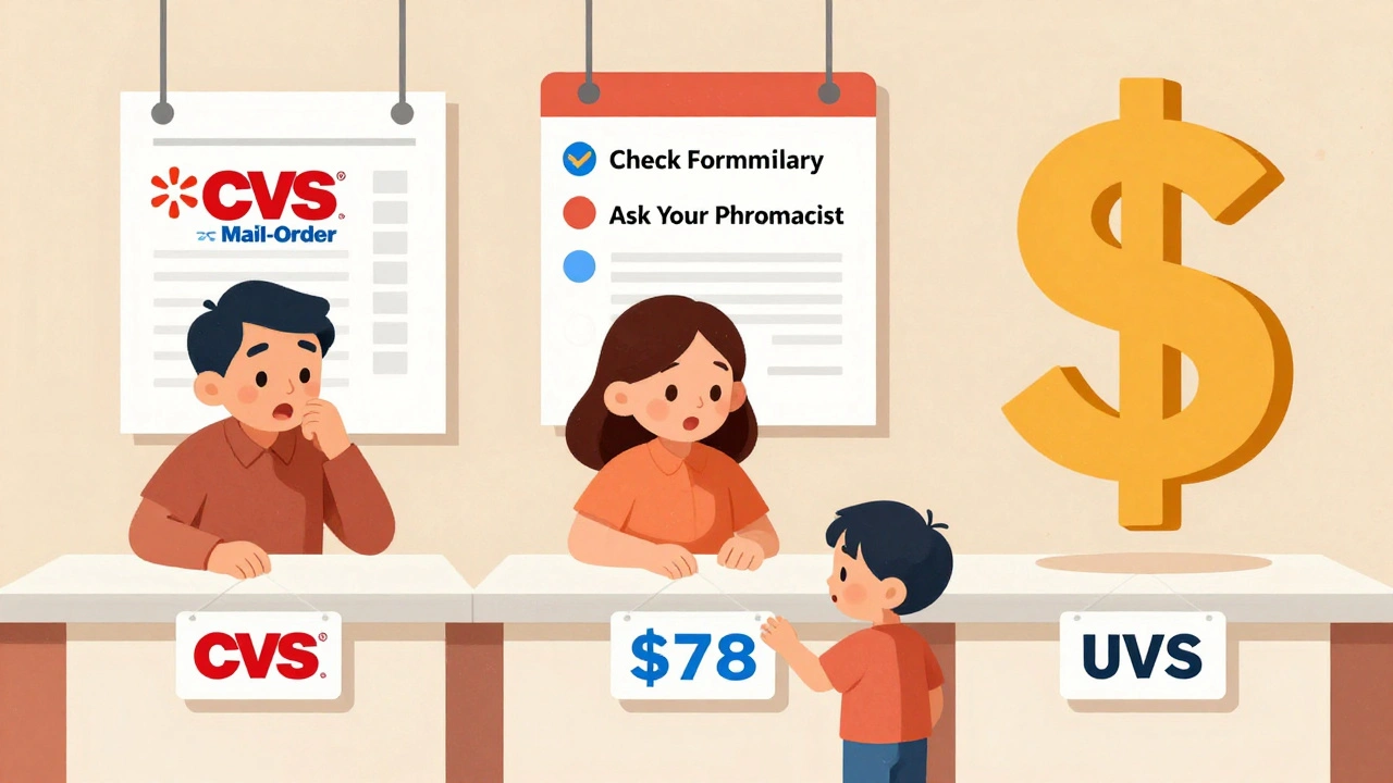 Family comparing pharmacy prices at three counters, choosing the cheapest option with visual price differences.