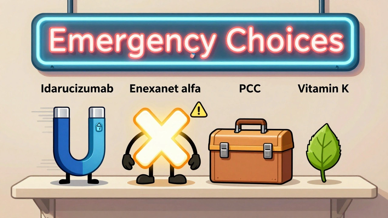 Four reversal agents personified as characters on a hospital shelf in vintage UPA cartoon style.