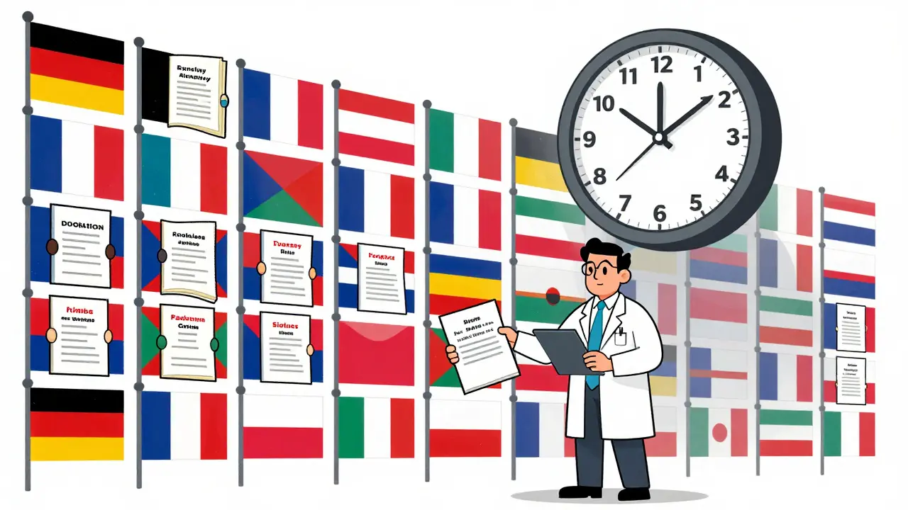 Generic drug maker facing national rulebooks, with EMA clock above, in UPA cartoon style.