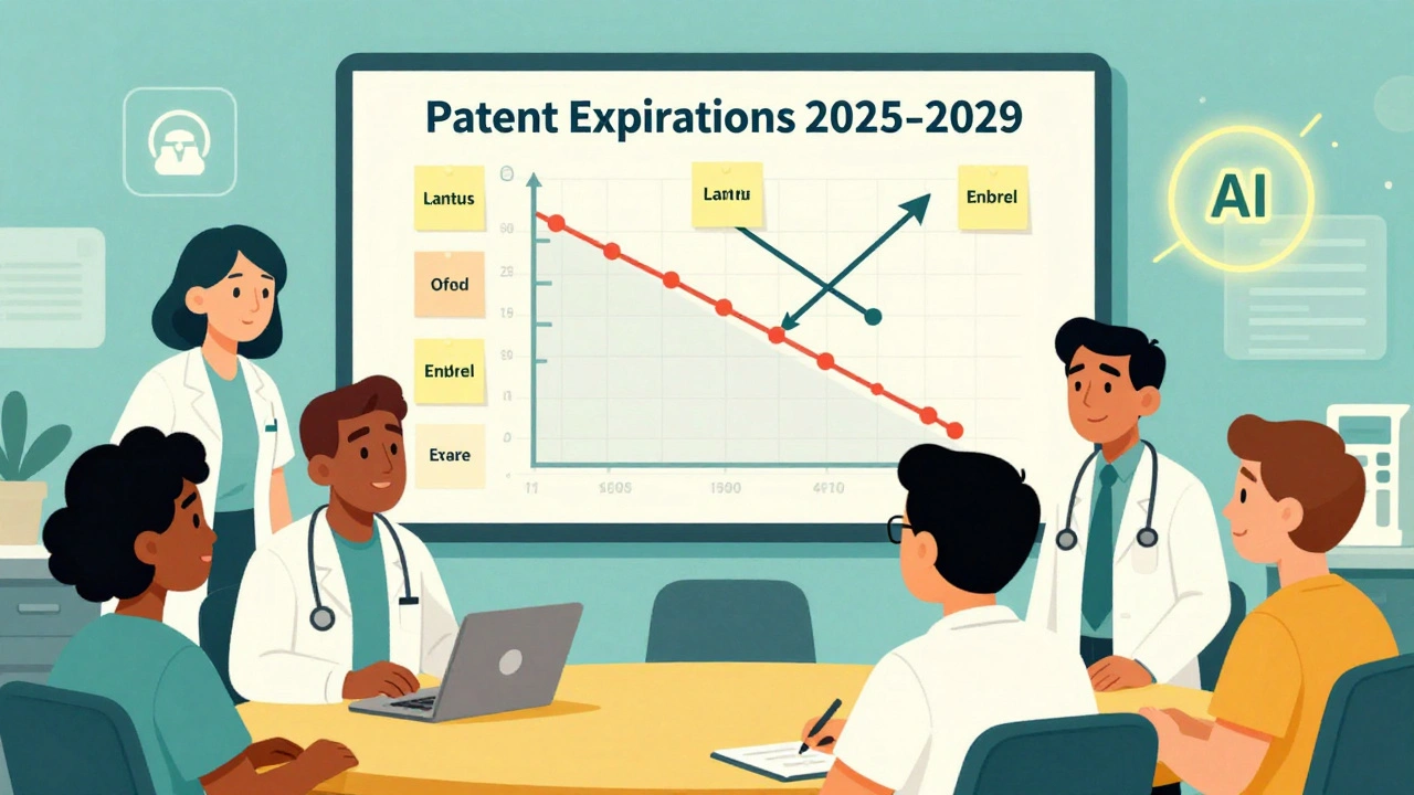 Healthcare team analyzing patent expiration dates on a wall chart