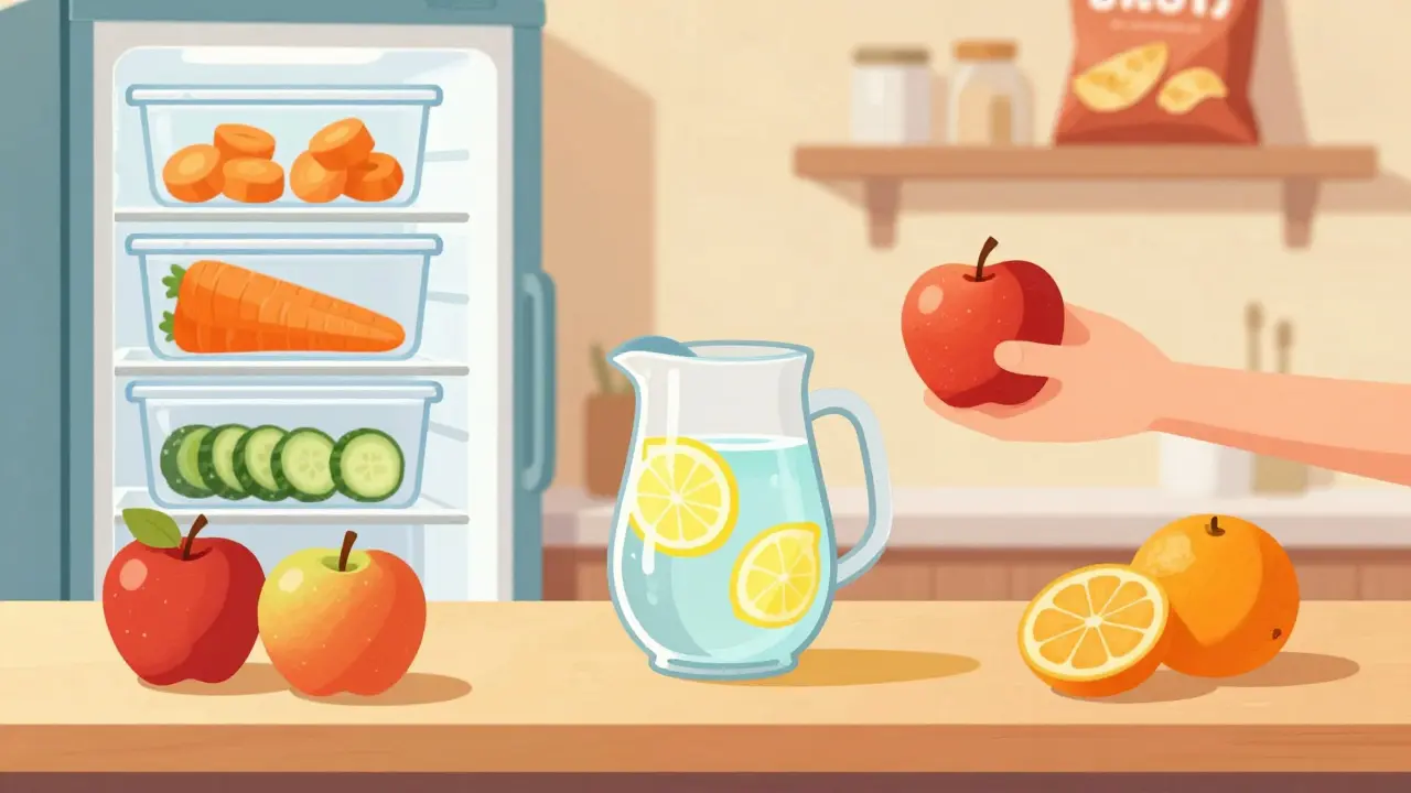 Healthy foods prominently displayed in a bright, organized kitchen