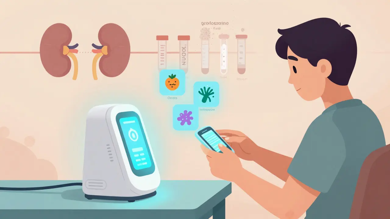 Home device measuring cyclosporine with AI icons analyzing data, old lab tubes fading away