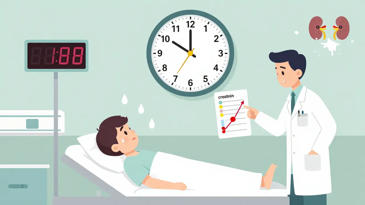 Hospital scene with patient, rising creatinine arrow, and crumbling kidneys as urine output drops to zero.