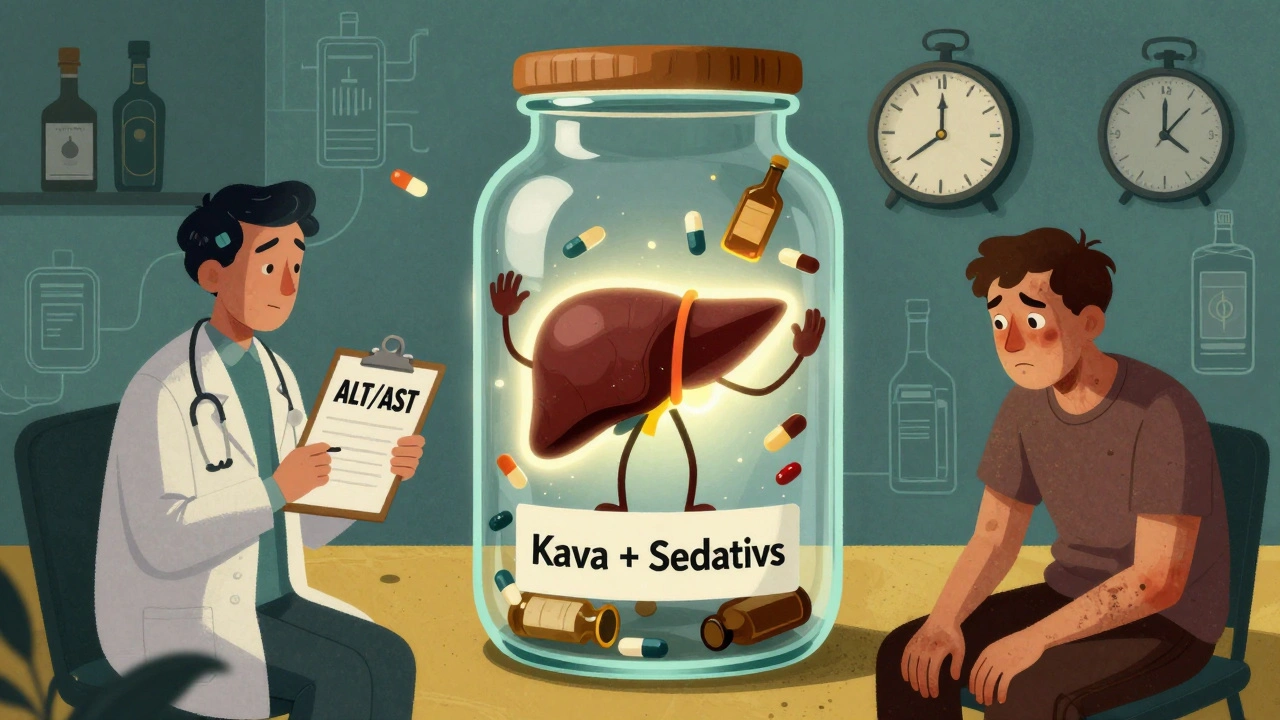 Liver in a jar labeled &#039;Kava + Sedatives&#039; surrounded by pills and a ticking clock.