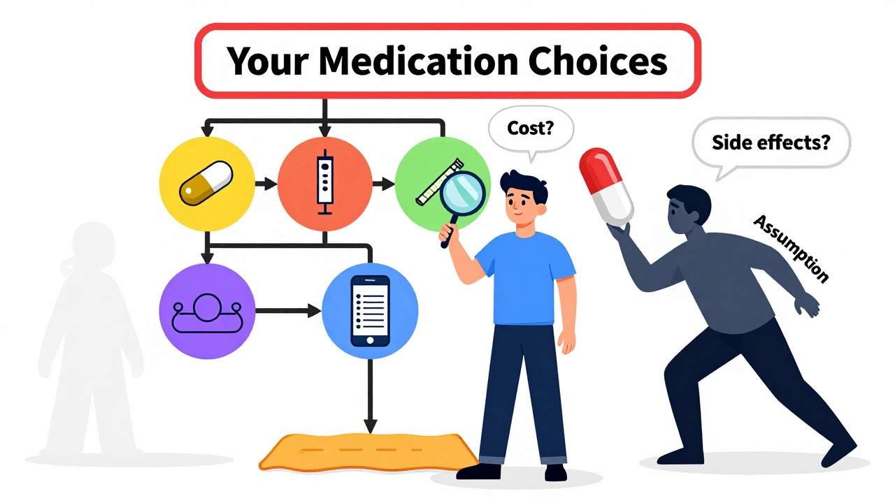 Patient examining a decision tree of treatment choices while rejecting a one-size-fits-all pill.