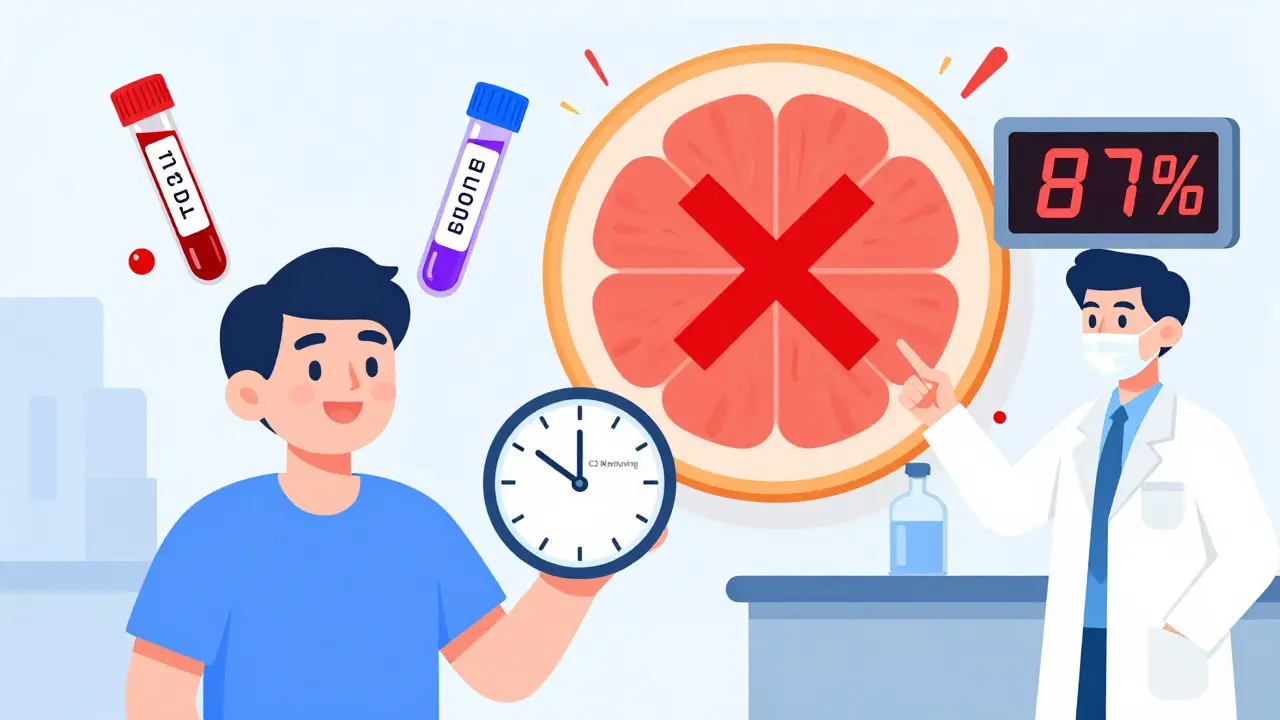 Patient holding C2 clock while two blood tubes fly out, grapefruit exploding in background