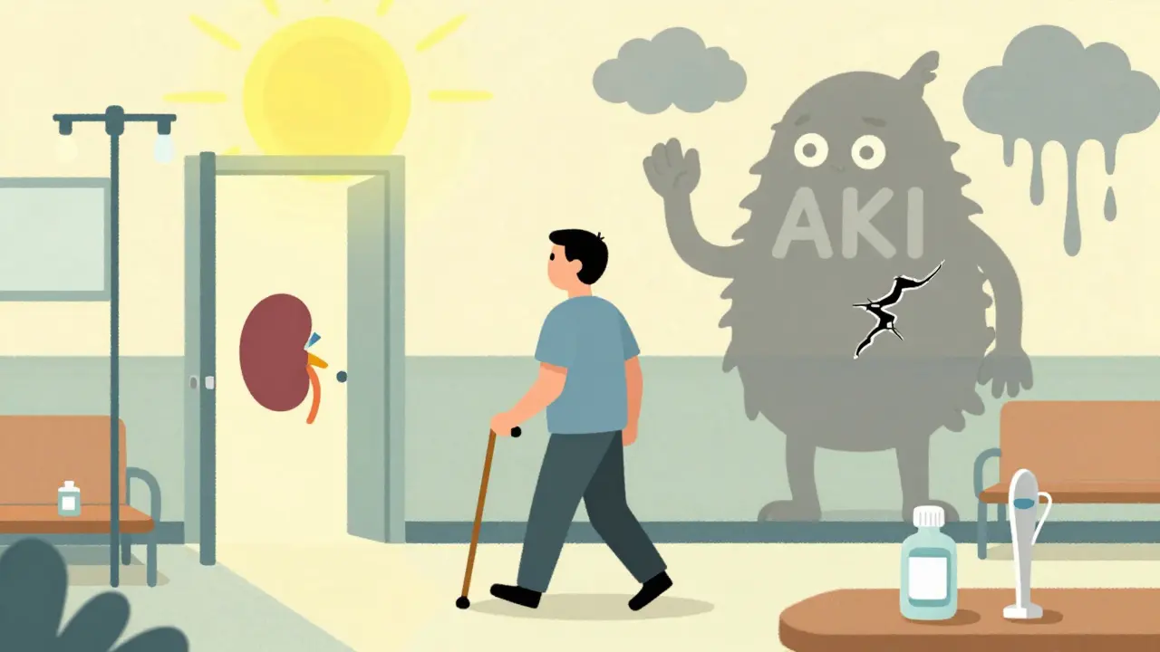 Patient walking out of hospital with kidney-shaped cane, fading AKI monster behind, symbolizing recovery.