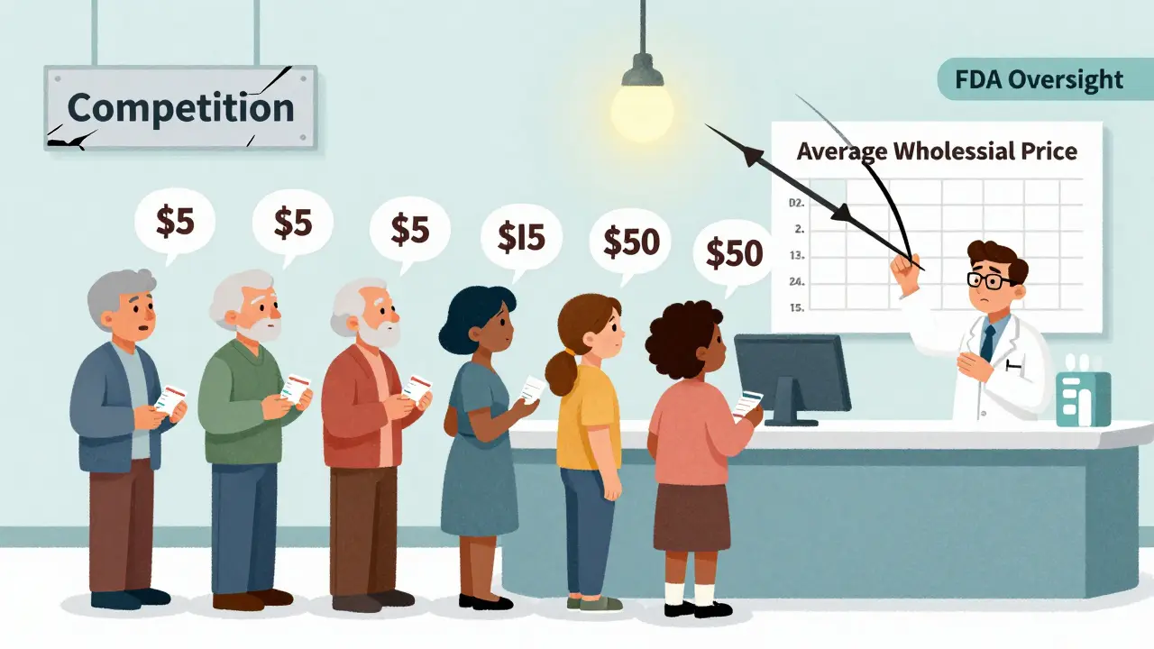 Patients at pharmacy with soaring prices, pharmacist overwhelmed by unstable pricing chart.