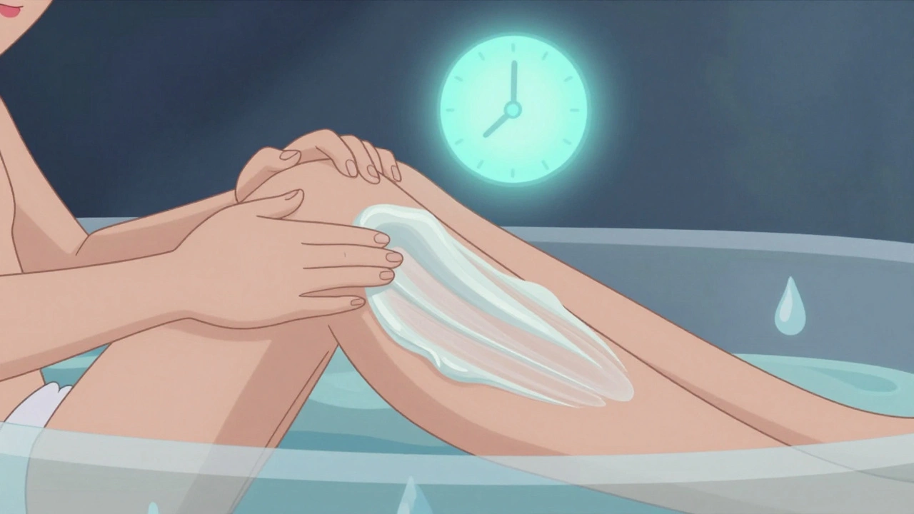 Person patting skin dry after bath, with emollient being applied within three minutes to lock in moisture.