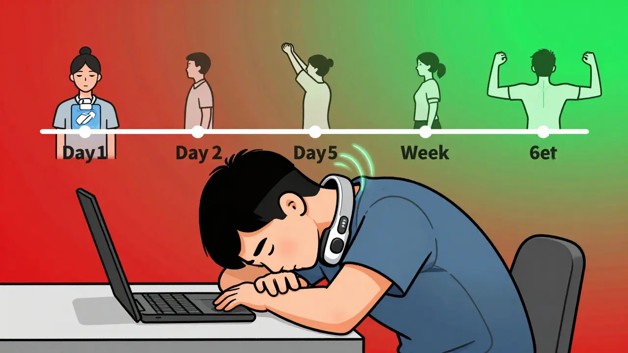 Person with posture-tracking device vibrating as they slump, timeline shows recovery stages