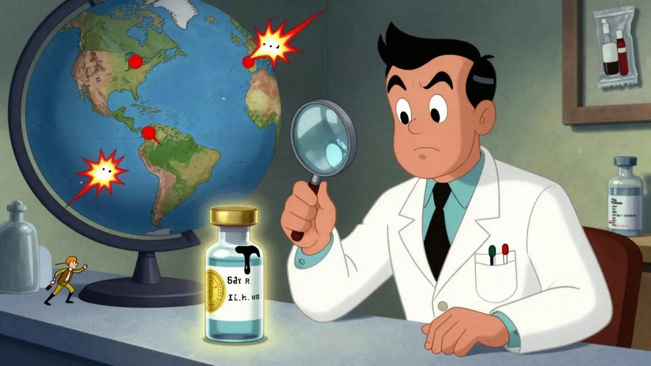 Pharmacist comparing real and fake insulin vials, globe showing global seizure hotspots.