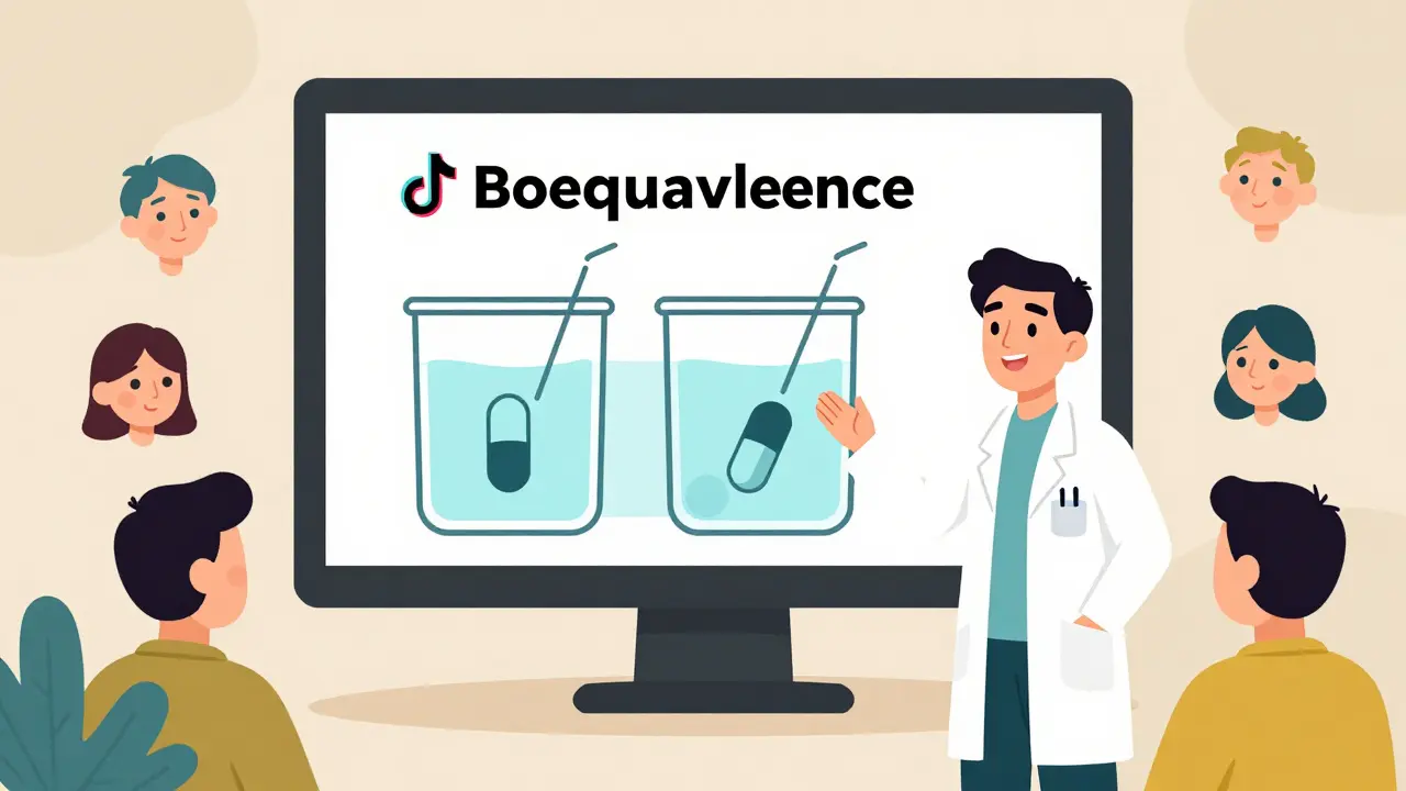 Pharmacist explaining generic drug bioequivalence through a TikTok-style animated video