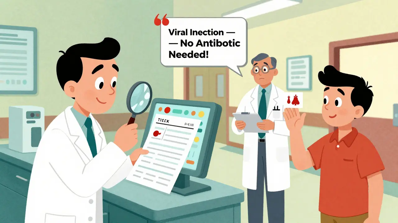 Pharmacist reviews patient chart as an electronic alert warns against prescribing antibiotics for a viral infection.