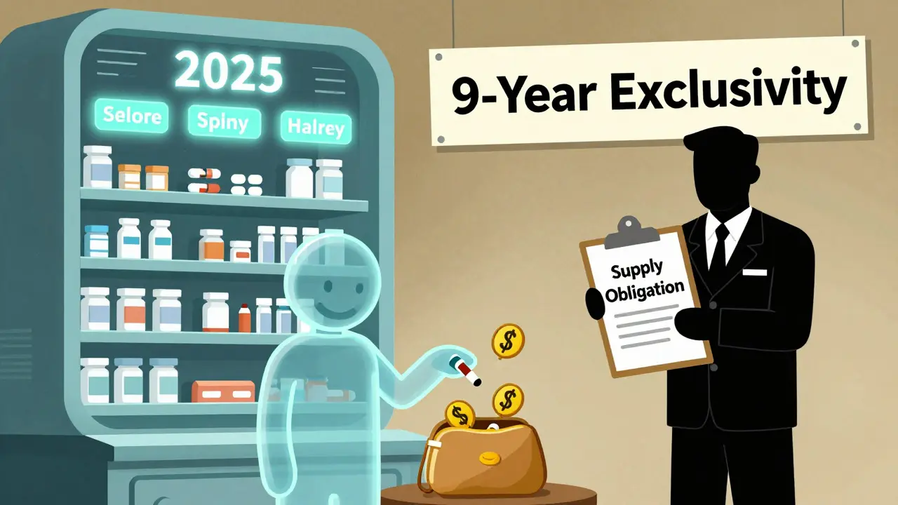 Pharmacy shelf with glowing pills, patient receiving meds, payer collecting money, UPA style.