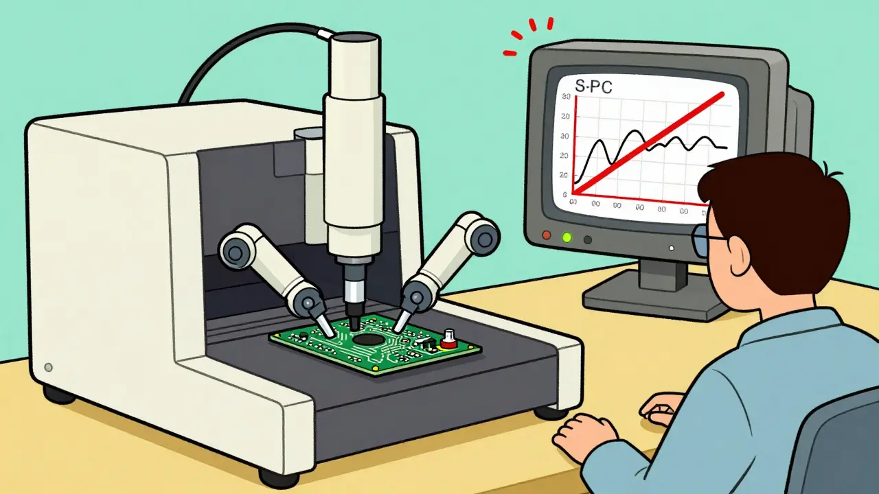 Robotic inspection machine monitoring circuit boards with a wobbly SPC chart on a vintage monitor