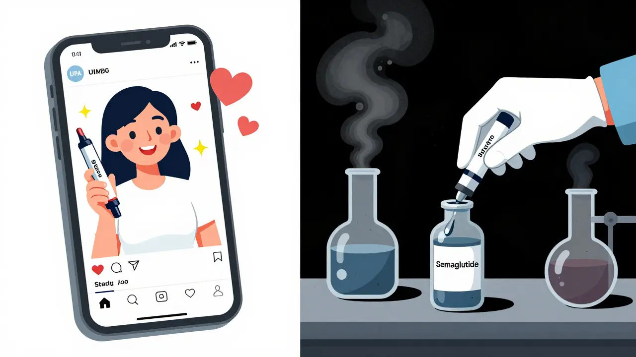 Social media ad for fake Botox contrasted with a dark lab pouring dangerous chemicals into vials.