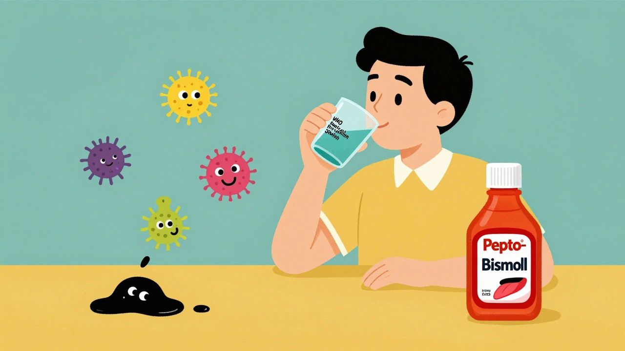 Someone drinking rehydration solution while bacteria run away, with Pepto-Bismol turning stool black.