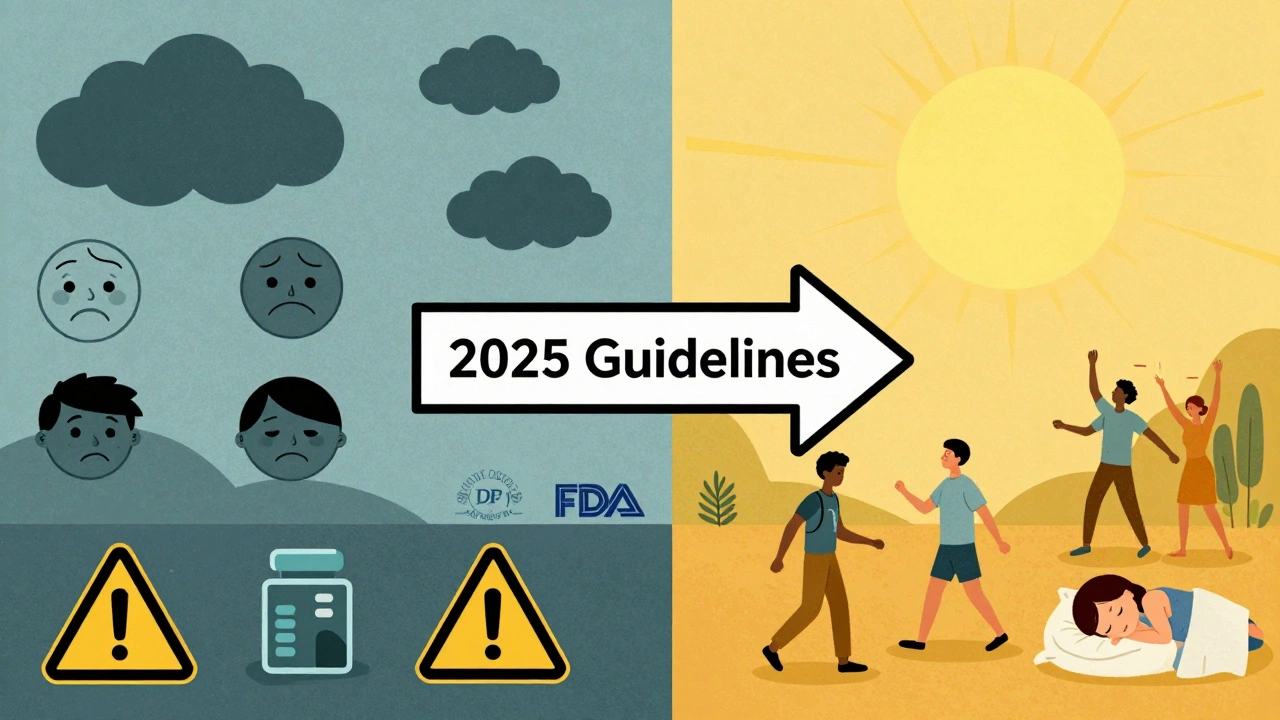 Split scene: dark opioid side effects vs. bright non-opioid benefits, with a guideline arrow pointing forward.