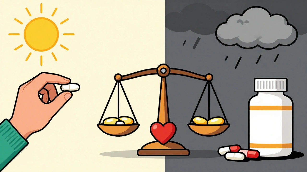 Split scene: safe low-dose combo vs. high-dose risk with balance scale and heart.