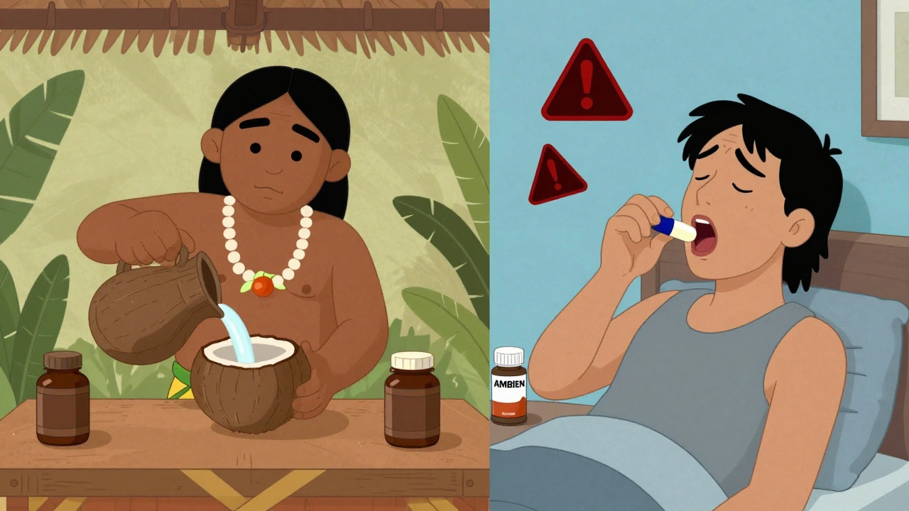 Split scene: traditional kava ceremony vs. dangerous pill combination at night.