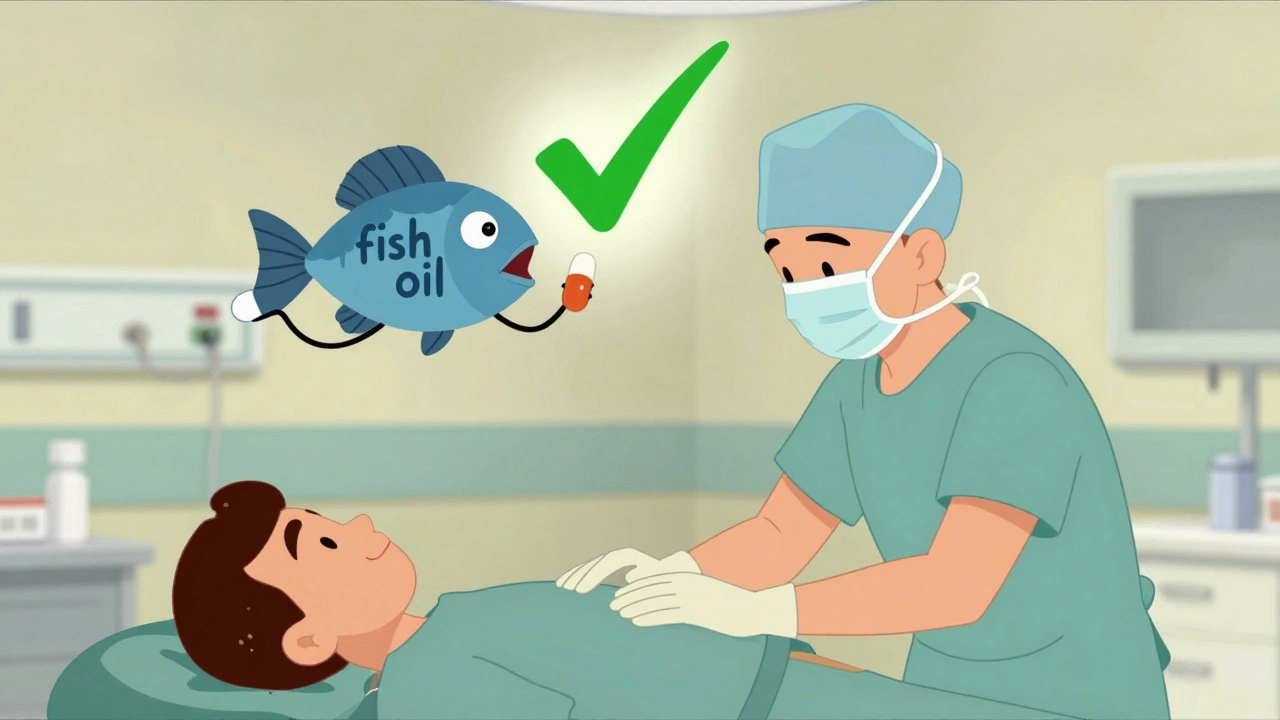 Surgeon beside patient with fish oil fish and aspirin pill smiling in background.