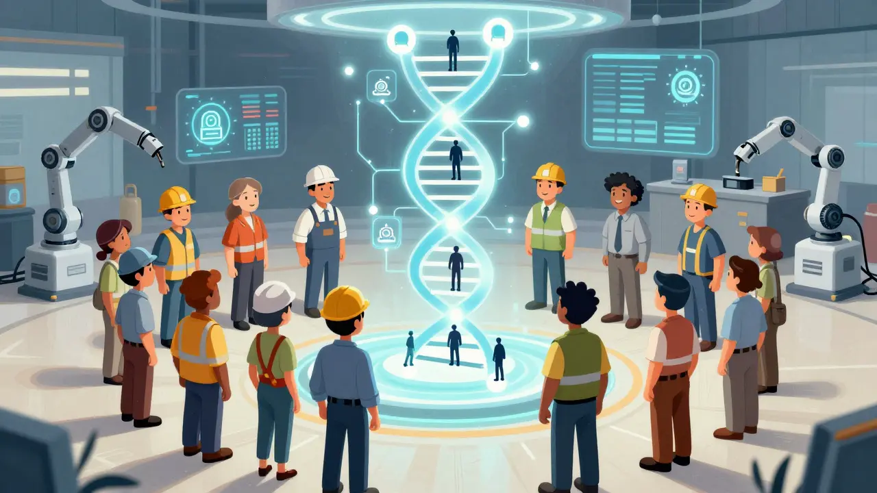 Team around a glowing quality control flowchart with patient silhouettes rising from each step.