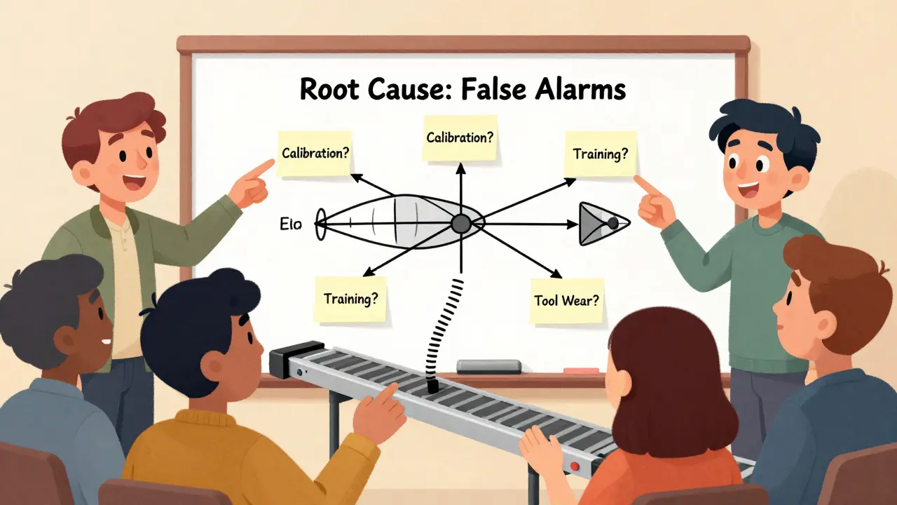 Team solving false alarms with a fishbone diagram and a vibrating conveyor belt on a whiteboard