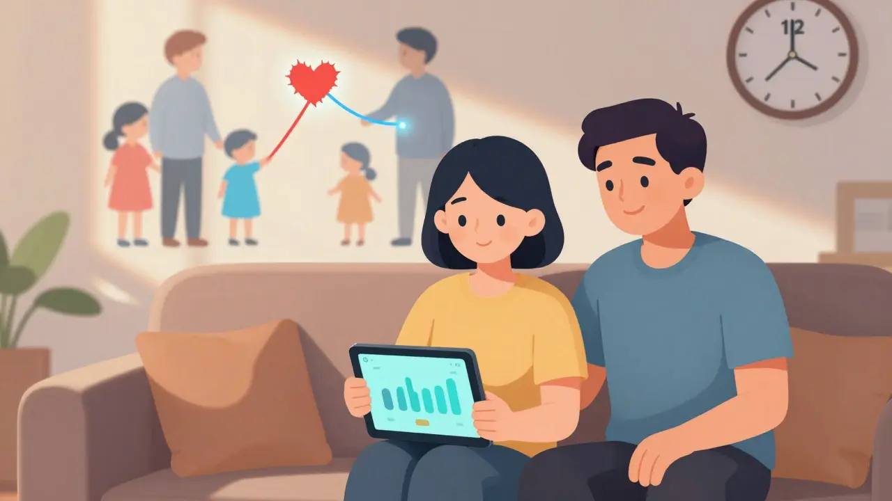 Teen and parent together on a couch, smiling, with a digital mood tracker and healing family threads in background.