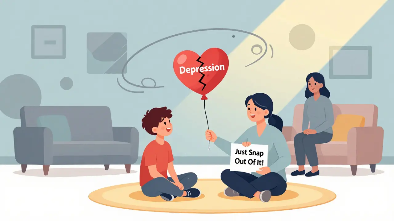 Therapist guiding a family through role-play with symbolic heart balloon and tension shapes.
