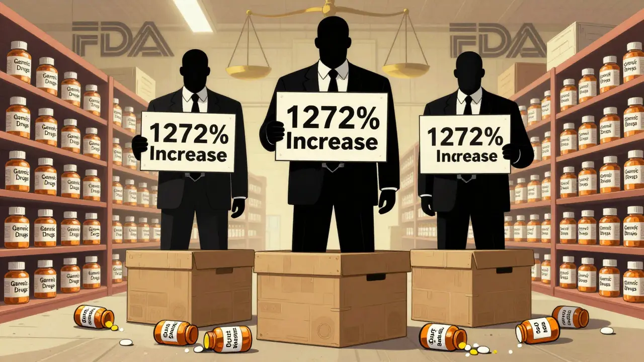 Three corporate giants controlling generic drug prices, discarded pill bottles on floor.
