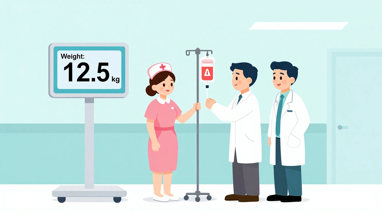 Two healthcare workers verifying a child&#039;s medication dose using a digital scale in a hospital.