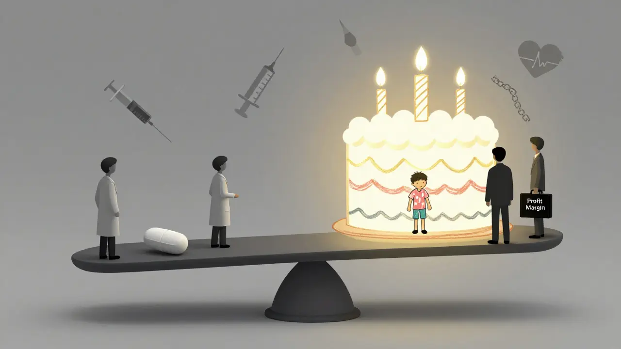 A balance scale weighing a pill against a child's birthday cake, symbolizing life vs. profit.