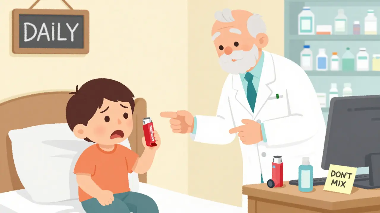 A child reaching for the wrong inhaler, stopped by a pharmacist who points to the correct red rescue inhaler on a bedside table.