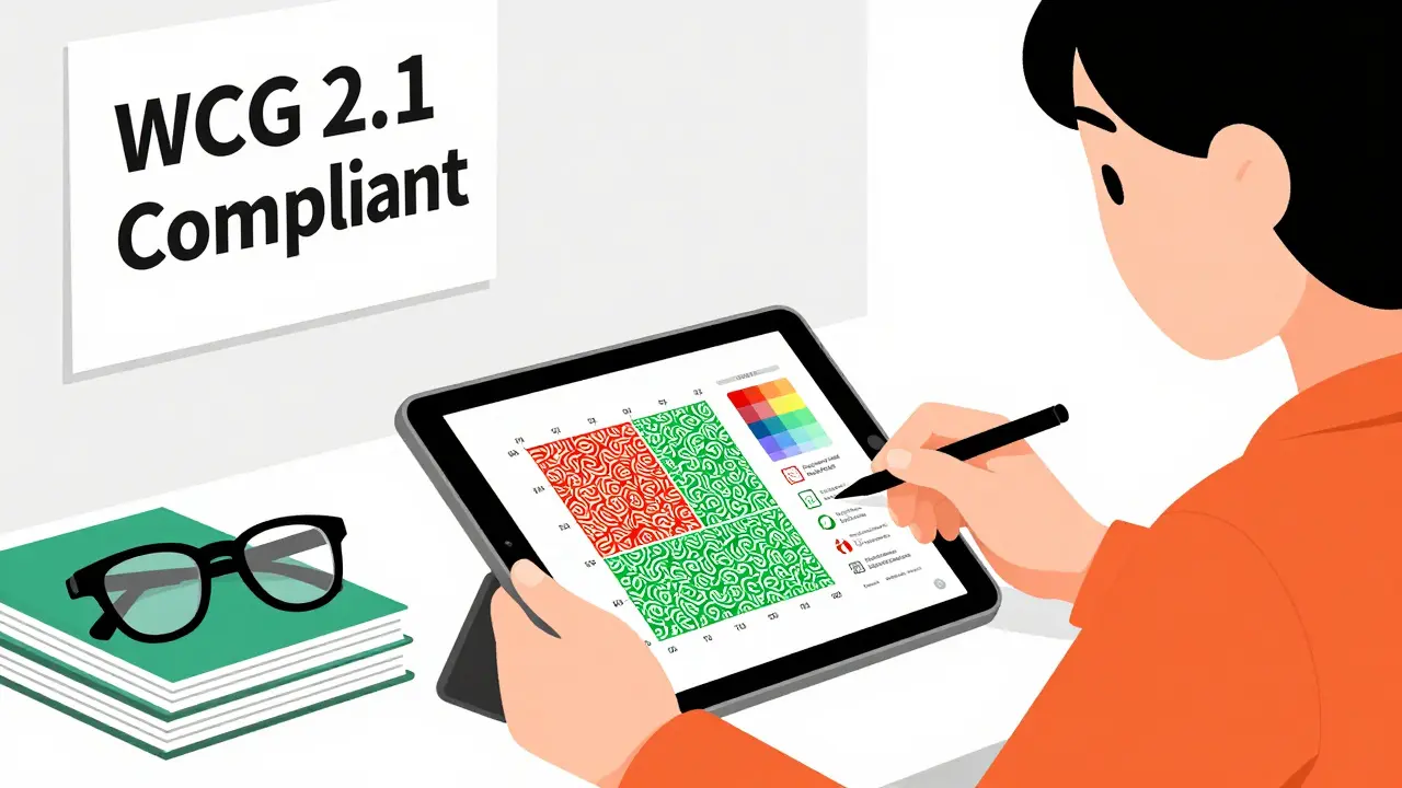 A designer using color filters to make charts accessible, with EnChroma glasses nearby.
