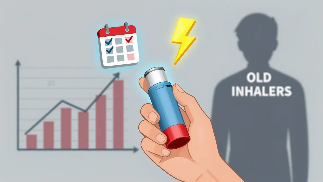 A dual-purpose inhaler with blue and red light, symbolizing maintenance and rescue use, while ER visits decrease in the background.