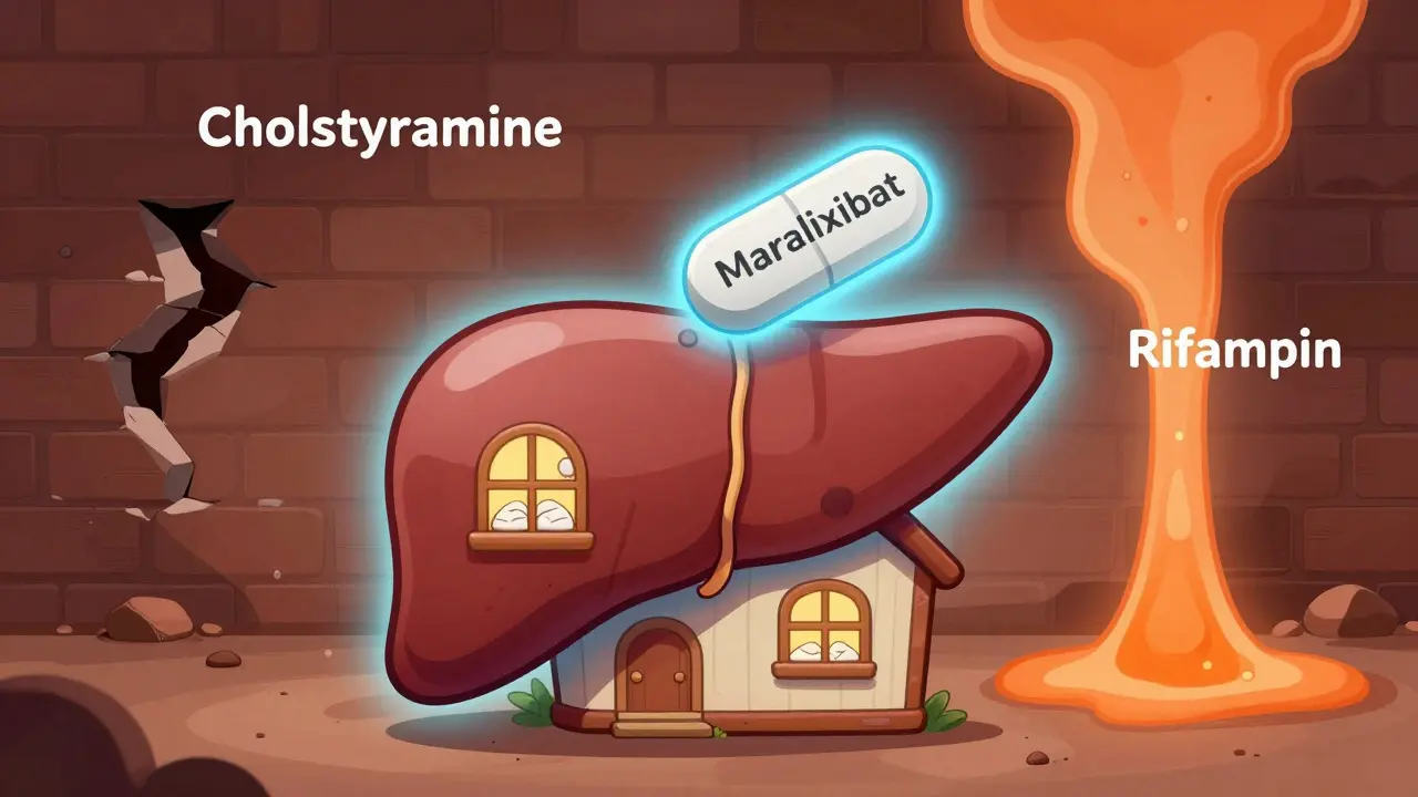 A glowing maralixibat pill above a peaceful liver house, while outdated treatments fade behind it in cartoon style.