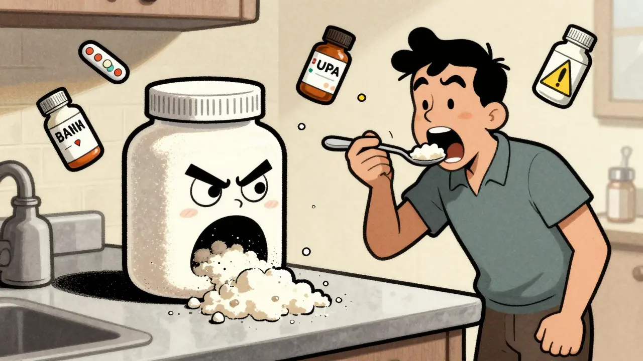 A patient gagging while taking gritty cholestyramine powder, with medication bottles floating nearby marked with warning signs.