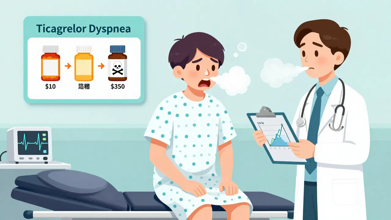 A patient struggling to breathe with steam clouds, labeled as ticagrelor side effect.