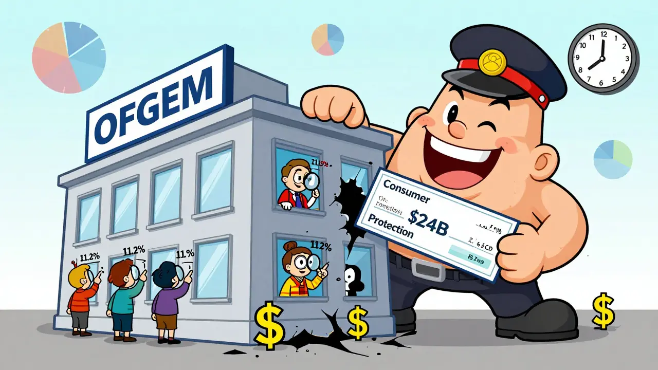 An energy company mascot swallowing a consumer protection agency with giant checks.