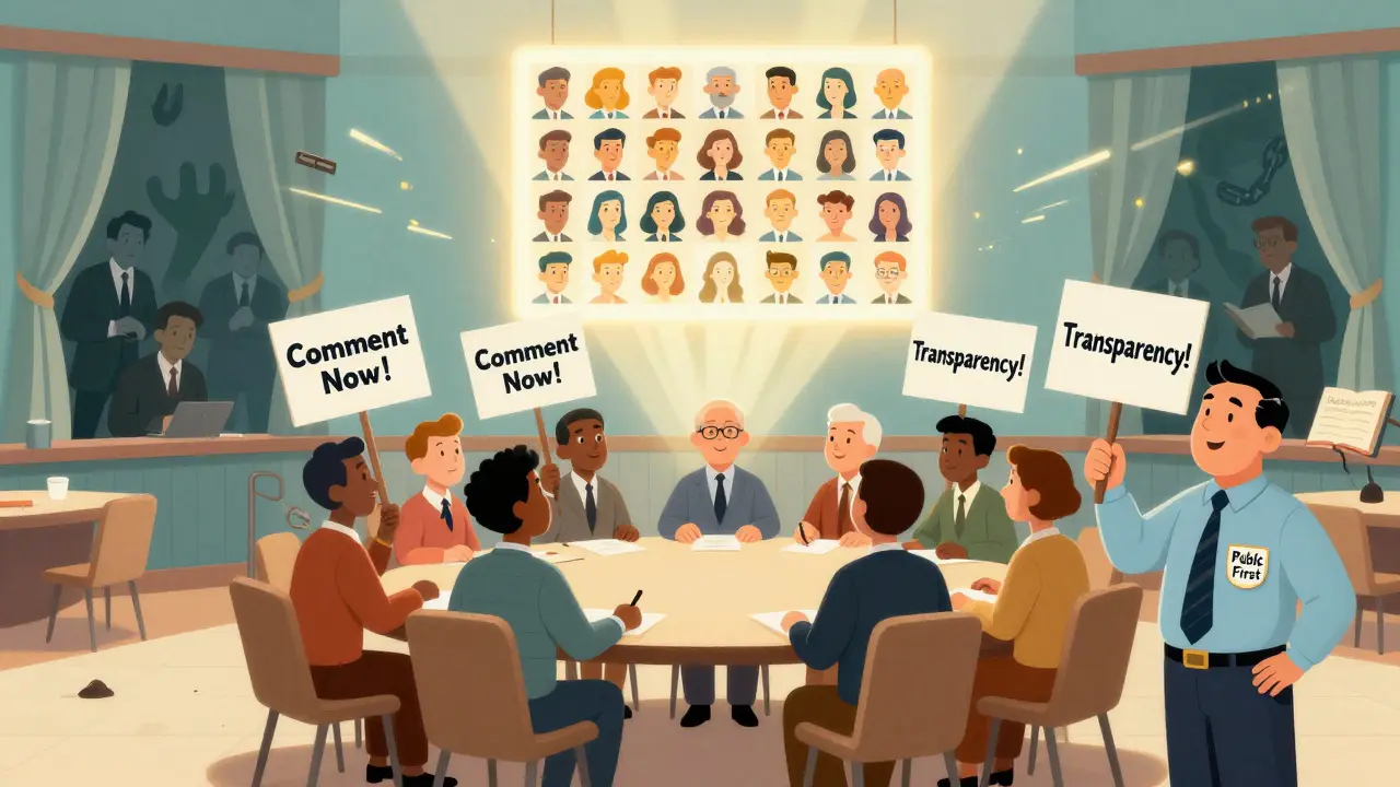 Citizens gathering to demand transparency as a radiant citizen panel shines light on corruption.