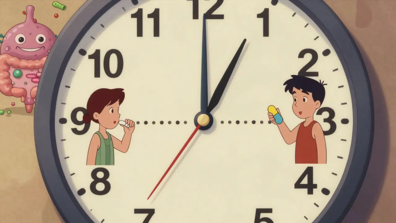 Clock showing antibiotic and probiotic taken 3 hours apart, gut recovering in background