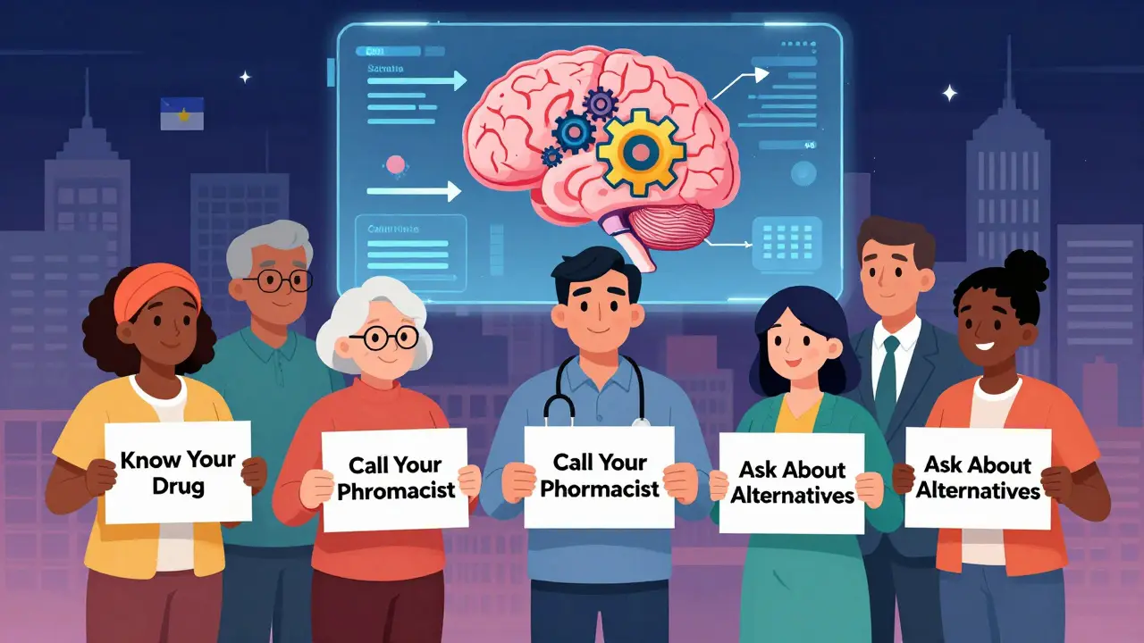 Diverse group of patients holding signs about medication alternatives.