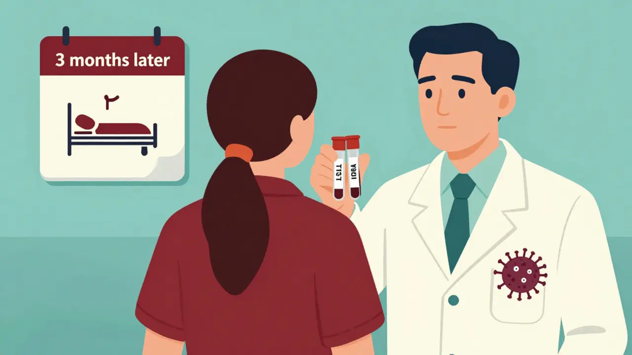 Doctor holding TB tests while patient from Vietnam has hidden TB bacteria nearby.