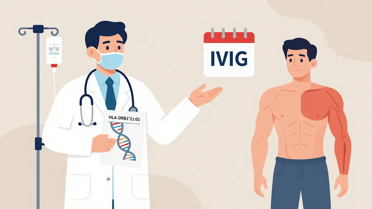 Doctor showing genetic chart to patient receiving IV treatment, with contrasting weak and strong muscles in UPA style.