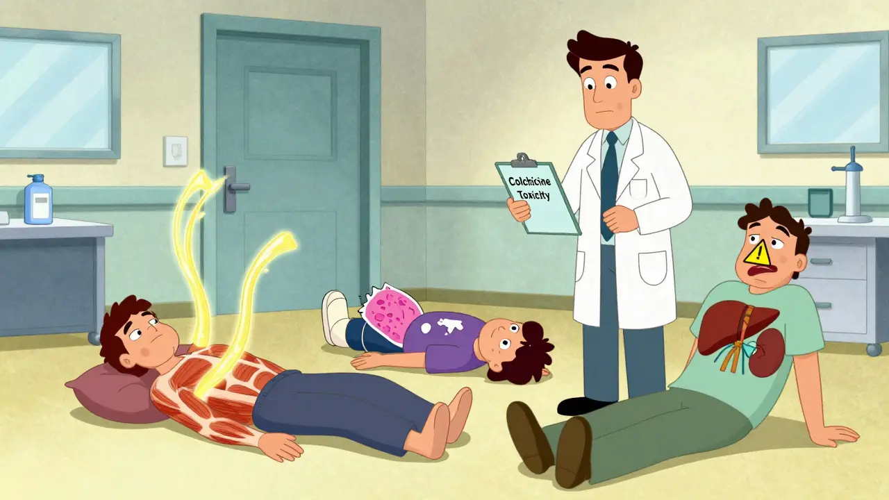 Emergency room with three patients showing severe colchicine toxicity symptoms