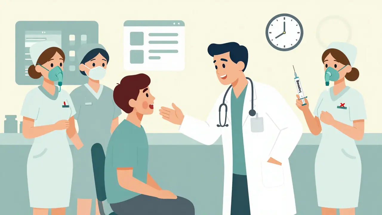 ER doctor pointing to patient with throat swelling, Benadryl syringe marked with X