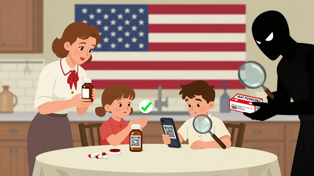 Family verifying medicine at kitchen table, QR code shows green checkmark, fake pill labeled 'RAT POISON' nearby