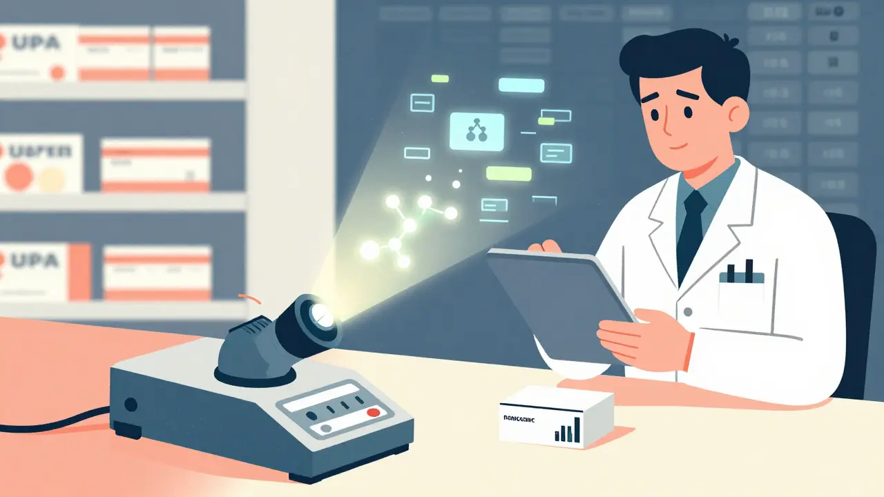 Handheld device scanning pill with molecular signature, pharmacist using tablet to verify code, blockchain data in background